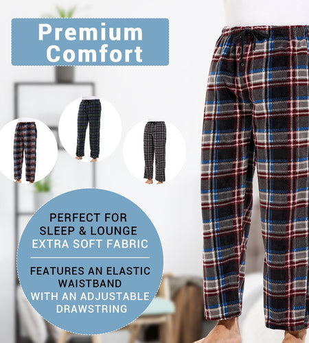 3 Pack Plaid Mens Pajama Pants Set Bottoms Fleece Lounge Sleepwear Pjs with Pockets Microfleece
