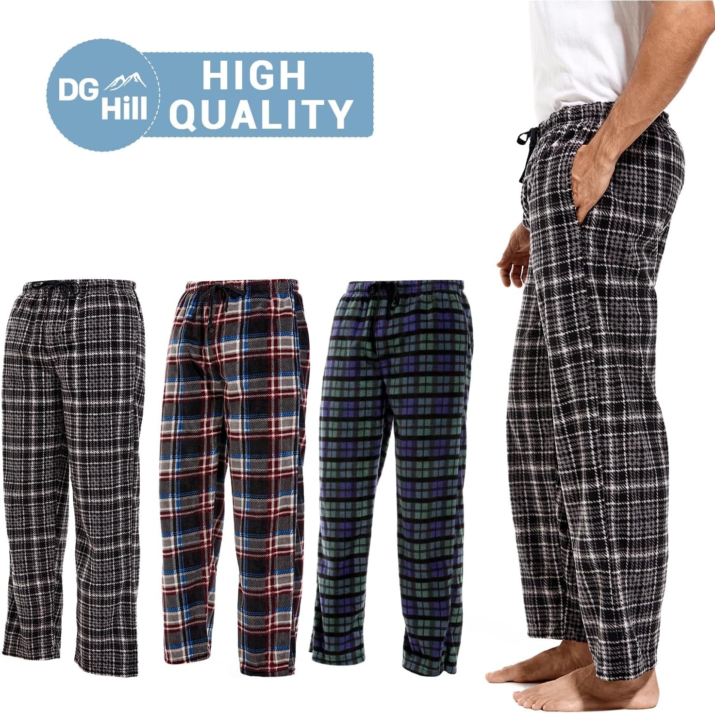 3 Pack Plaid Mens Pajama Pants Set Bottoms Fleece Lounge Sleepwear Pjs with Pockets Microfleece