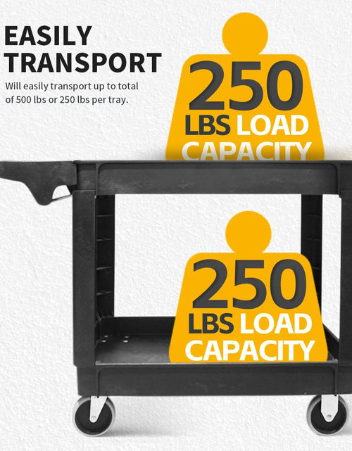 Load image into Gallery viewer, 80855 Heavy Duty 2-Shelf Service Cart - 500 Lb Capacity Polypropylene Utility Cart with 5" Non-Marring Casters, Deep Trays &amp; Built-In Tool Storage for Garage, Warehouse, &amp; Workshop
