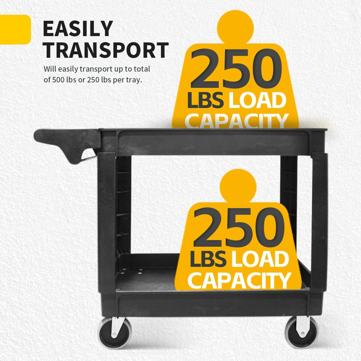 80855 Heavy Duty 2-Shelf Service Cart - 500 Lb Capacity Polypropylene Utility Cart with 5" Non-Marring Casters, Deep Trays & Built-In Tool Storage for Garage, Warehouse, & Workshop