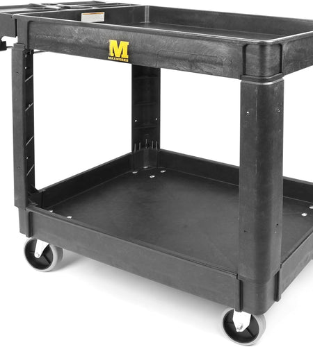 80855 Heavy Duty 2-Shelf Service Cart - 500 Lb Capacity Polypropylene Utility Cart with 5" Non-Marring Casters, Deep Trays & Built-In Tool Storage for Garage, Warehouse, & Workshop