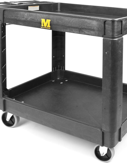 Load image into Gallery viewer, 80855 Heavy Duty 2-Shelf Service Cart - 500 Lb Capacity Polypropylene Utility Cart with 5" Non-Marring Casters, Deep Trays &amp; Built-In Tool Storage for Garage, Warehouse, &amp; Workshop
