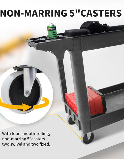 Load image into Gallery viewer, 80855 Heavy Duty 2-Shelf Service Cart - 500 Lb Capacity Polypropylene Utility Cart with 5" Non-Marring Casters, Deep Trays &amp; Built-In Tool Storage for Garage, Warehouse, &amp; Workshop
