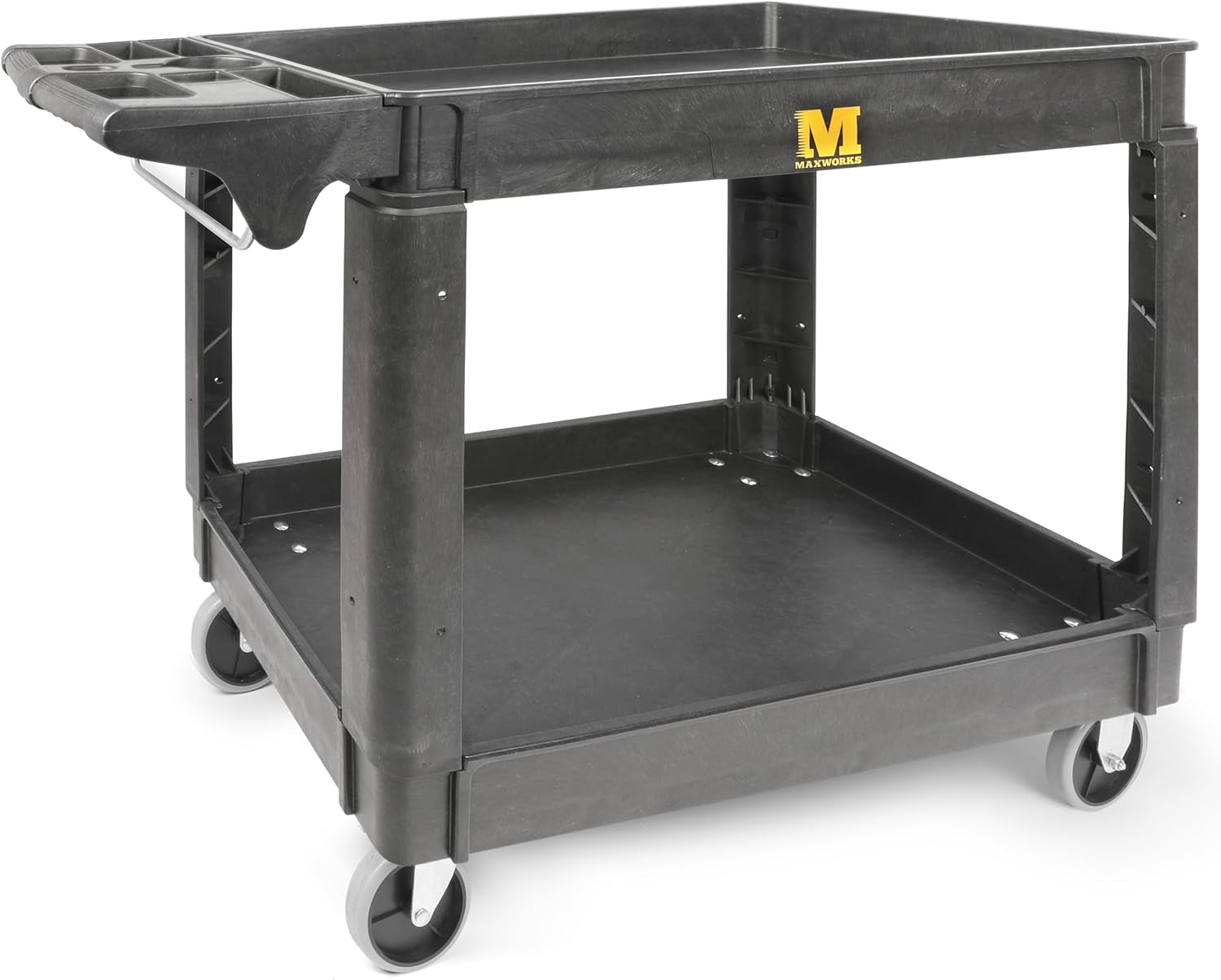 80855 Heavy Duty 2-Shelf Service Cart - 500 Lb Capacity Polypropylene Utility Cart with 5" Non-Marring Casters, Deep Trays & Built-In Tool Storage for Garage, Warehouse, & Workshop