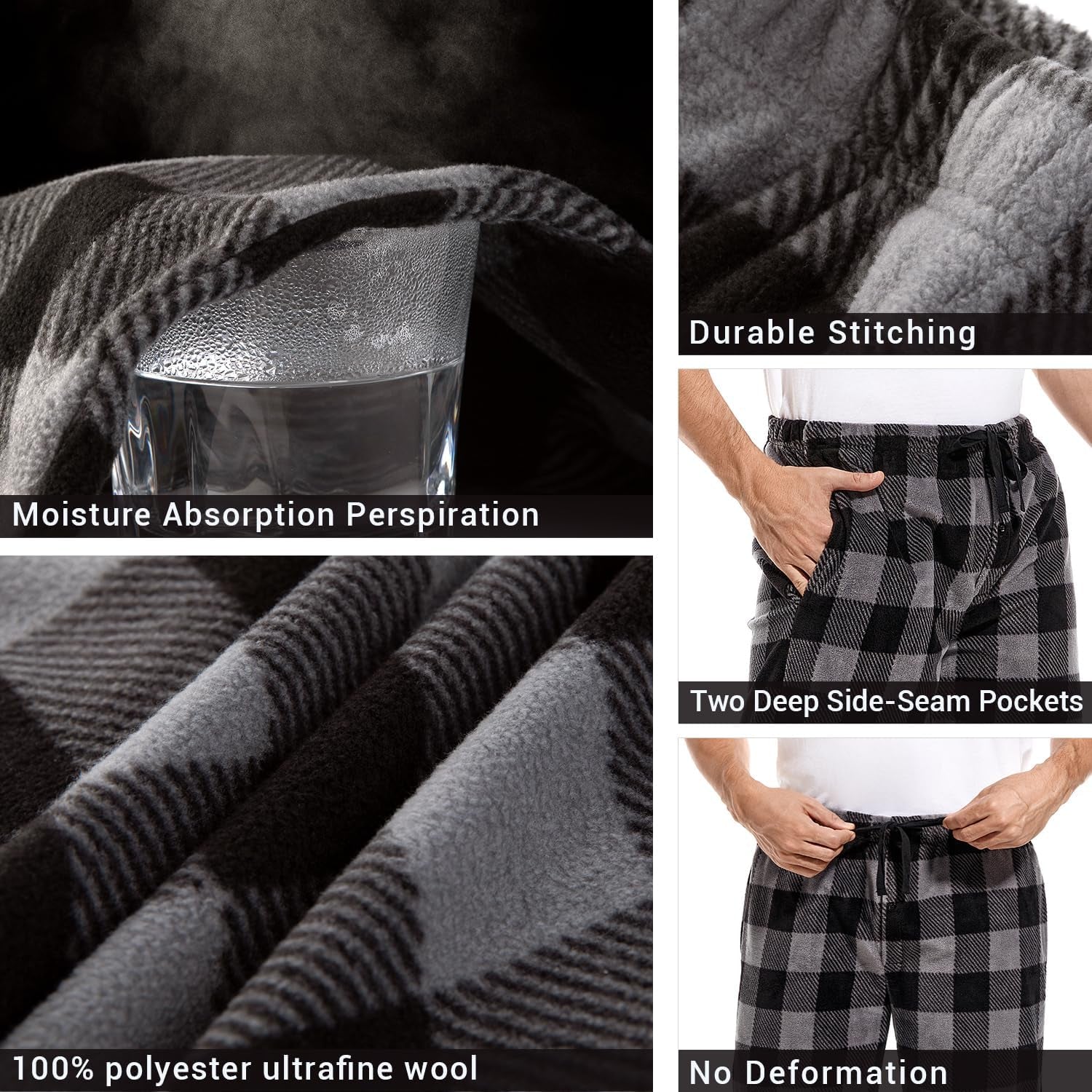 3 Pack Plaid Mens Pajama Pants Set Bottoms Fleece Lounge Sleepwear Pjs with Pockets Microfleece