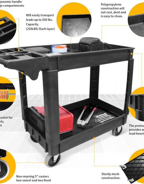 Load image into Gallery viewer, 80855 Heavy Duty 2-Shelf Service Cart - 500 Lb Capacity Polypropylene Utility Cart with 5" Non-Marring Casters, Deep Trays &amp; Built-In Tool Storage for Garage, Warehouse, &amp; Workshop
