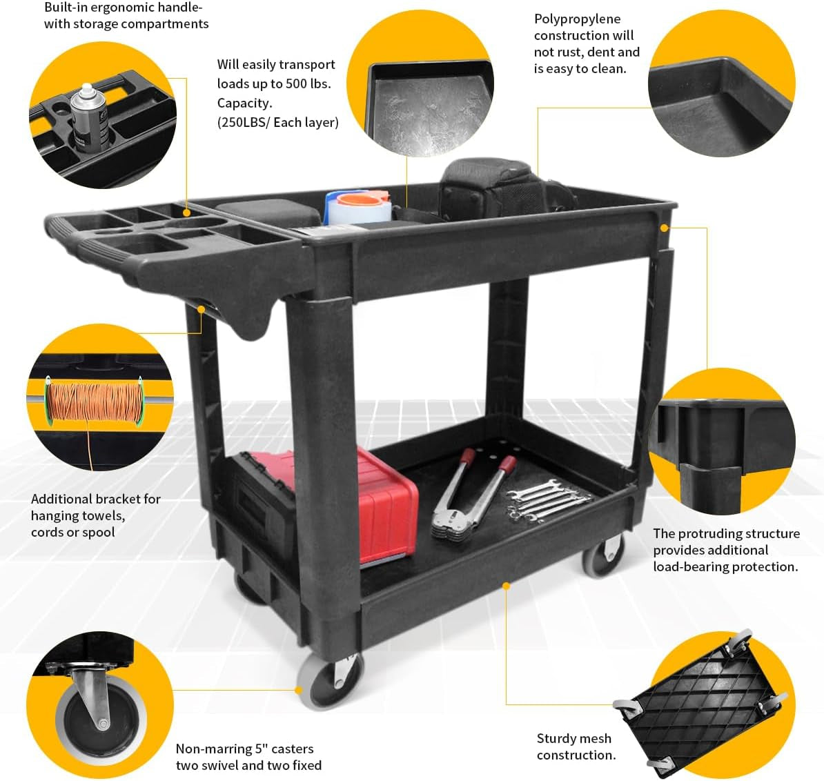 80855 Heavy Duty 2-Shelf Service Cart - 500 Lb Capacity Polypropylene Utility Cart with 5" Non-Marring Casters, Deep Trays & Built-In Tool Storage for Garage, Warehouse, & Workshop