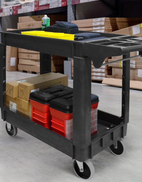 Load image into Gallery viewer, 80855 Heavy Duty 2-Shelf Service Cart - 500 Lb Capacity Polypropylene Utility Cart with 5" Non-Marring Casters, Deep Trays &amp; Built-In Tool Storage for Garage, Warehouse, &amp; Workshop
