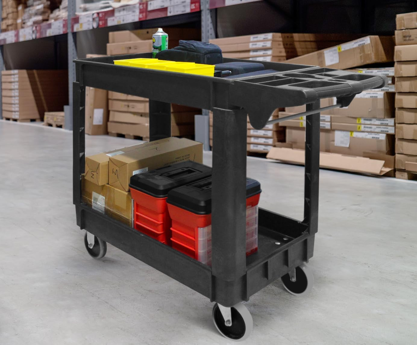 80855 Heavy Duty 2-Shelf Service Cart - 500 Lb Capacity Polypropylene Utility Cart with 5" Non-Marring Casters, Deep Trays & Built-In Tool Storage for Garage, Warehouse, & Workshop
