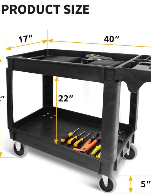 Load image into Gallery viewer, 80855 Heavy Duty 2-Shelf Service Cart - 500 Lb Capacity Polypropylene Utility Cart with 5" Non-Marring Casters, Deep Trays &amp; Built-In Tool Storage for Garage, Warehouse, &amp; Workshop
