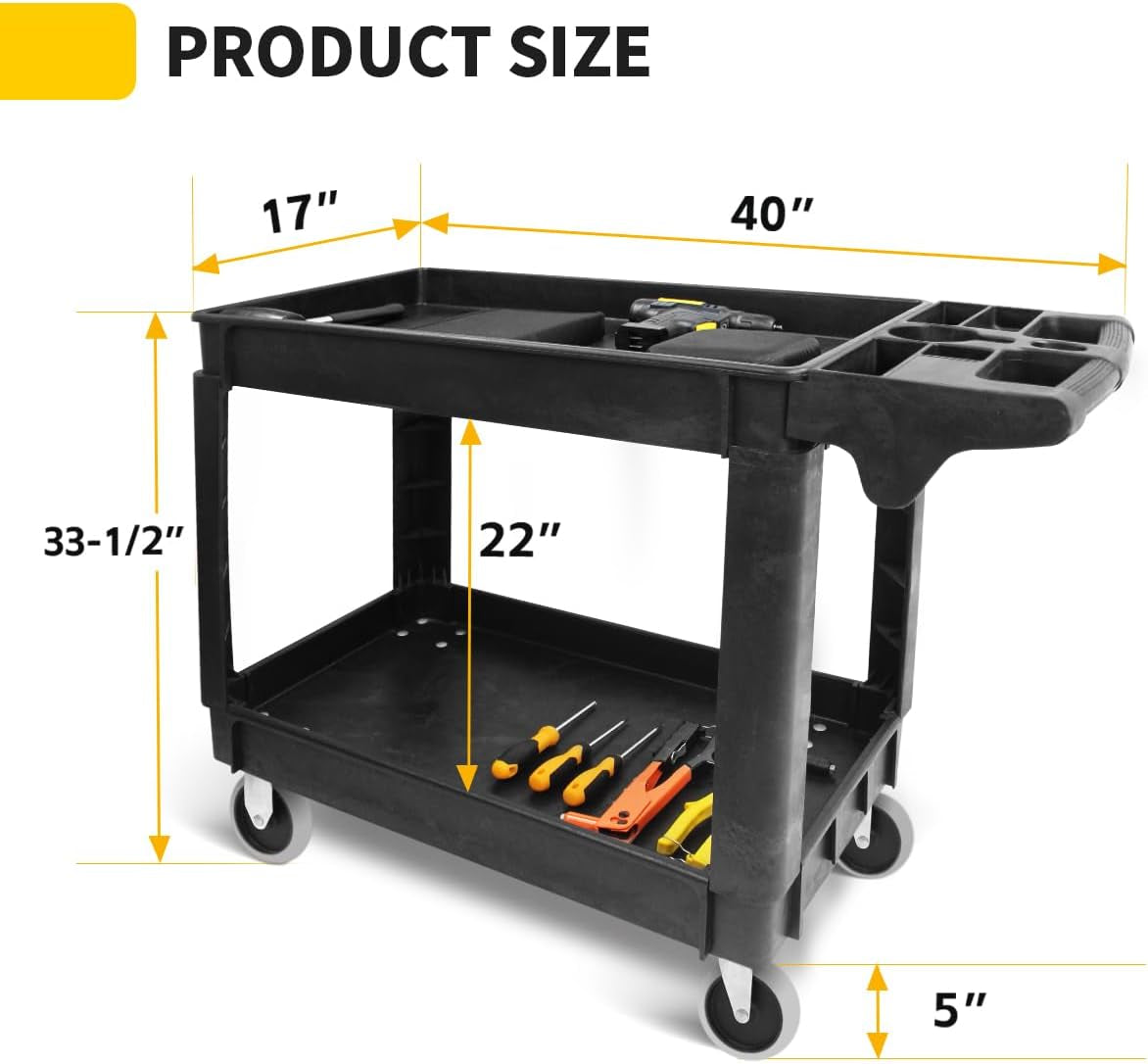 80855 Heavy Duty 2-Shelf Service Cart - 500 Lb Capacity Polypropylene Utility Cart with 5" Non-Marring Casters, Deep Trays & Built-In Tool Storage for Garage, Warehouse, & Workshop
