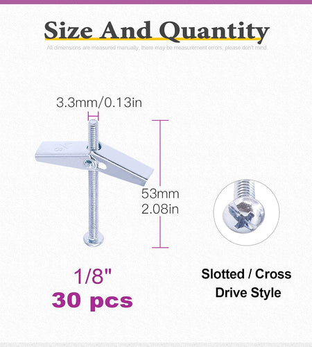 30Pcs 1/8 Inch Toggle Bolt and Wing Nut Kit for Hanging Heavy Items on Drywall